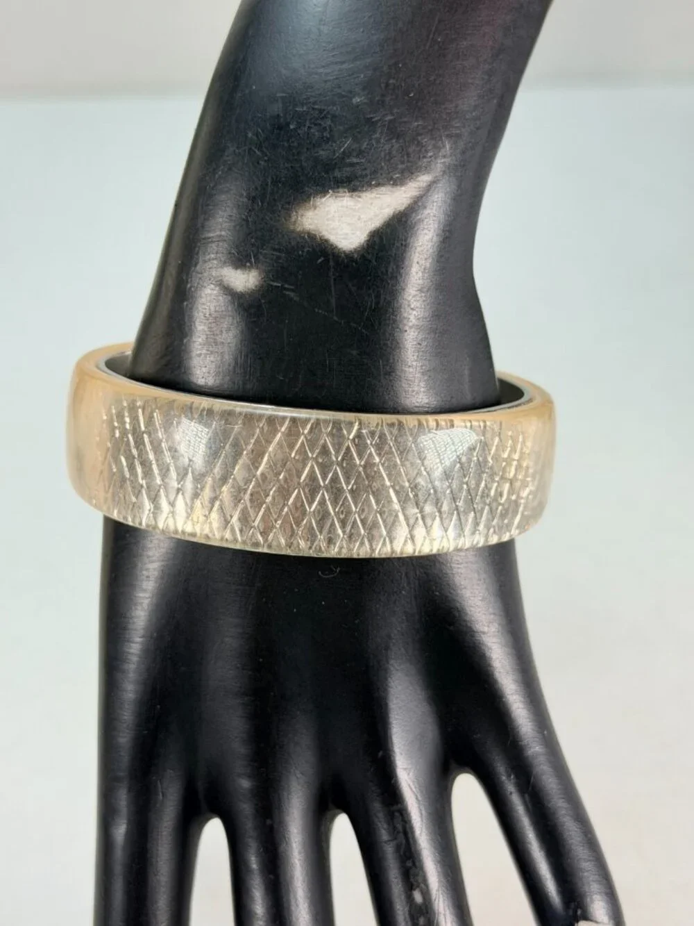 Vintage Lucite & Silver Tone Wide Bangle Bracelet Diamond Lattice Design
